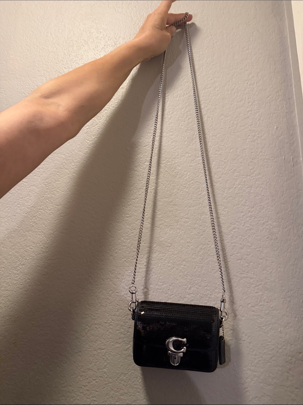 Coach Black Patent Leather Mini Crossbody with Silver Chain